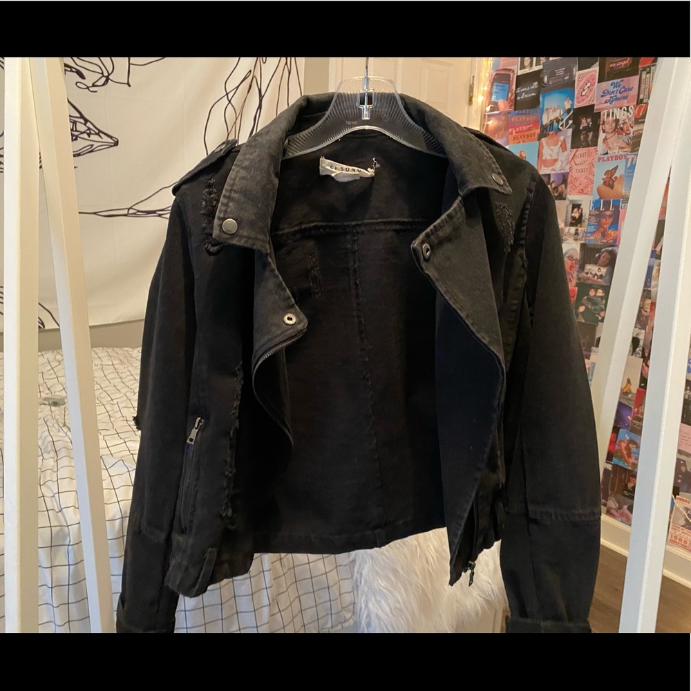 distressed black denim jacket